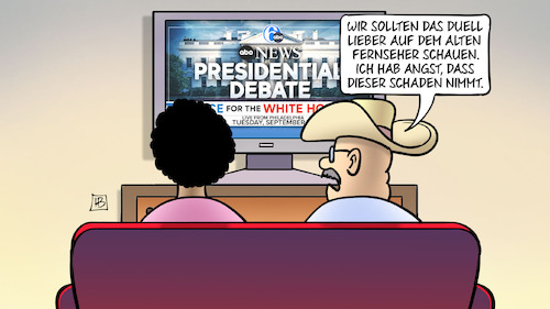 Cartoon: Vor TV-Duell Harris-Trump (medium) by Harm Bengen tagged tv,duell,fernseher,angst,schaden,usa,harris,trump,harm,bengen,cartoon,karikatur,tv,duell,fernseher,angst,schaden,usa,harris,trump,harm,bengen,cartoon,karikatur