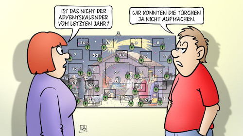 Cartoon: Vor verschlossenen Türen (medium) by Harm Bengen tagged adventskalender,weihnachten,türen,türchen,kontakte,corona,harm,bengen,schloss,vorhängeschloss,cartoon,karikatur,adventskalender,weihnachten,türen,türchen,kontakte,corona,harm,bengen,schloss,vorhängeschloss,cartoon,karikatur