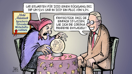 Cartoon: Vorhersagen (medium) by Harm Bengen tagged 2020,rückgang,rezession,konjunktur,bip,2021,plus,corona,pandemie,entwicklung,wahrsagerin,sprecherin,wirtschaftsinstitute,vorhersagen,harm,bengen,cartoon,karikatur,2020,rückgang,rezession,konjunktur,bip,2021,plus,corona,pandemie,entwicklung,wahrsagerin,sprecherin,wirtschaftsinstitute,vorhersagen,harm,bengen,cartoon,karikatur