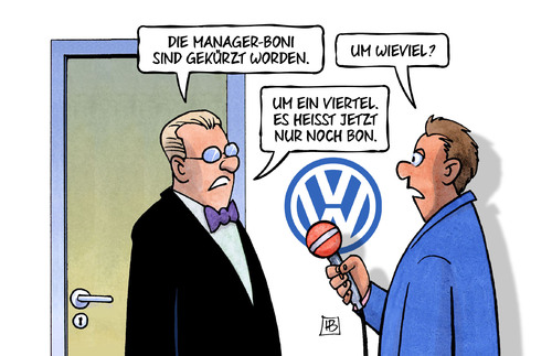 Cartoon: VW-Boni (medium) by Harm Bengen tagged manager,boni,gehalt,bonus,gekürzt,kürzung,viertel,vw,abgasskandal,diesel,harm,bengen,cartoon,karikatur,manager,boni,gehalt,bonus,gekürzt,kürzung,viertel,vw,abgasskandal,diesel,harm,bengen,cartoon,karikatur