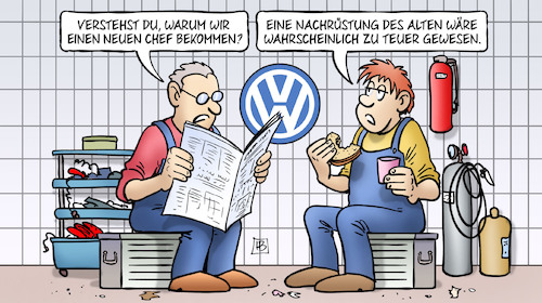 Cartoon: VW-Chef (medium) by Harm Bengen tagged vw,chef,müller,diess,wechsel,entlassung,abgasskandal,dieselskandal,nachruestung,teuer,kosten,harm,bengen,cartoon,karikatur,vw,chef,müller,diess,wechsel,entlassung,abgasskandal,dieselskandal,nachruestung,teuer,kosten,harm,bengen,cartoon,karikatur