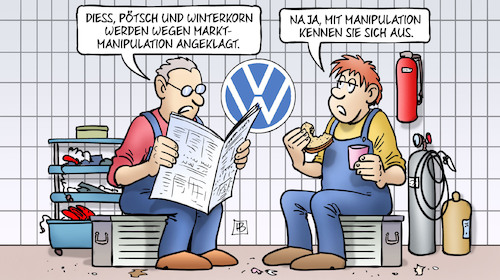 Cartoon: VW-Marktmanipulation (medium) by Harm Bengen tagged diess,pötsch,winterkorn,anklage,marktmanipulation,aktienkurs,vw,harm,bengen,cartoon,karikatur,diess,pötsch,winterkorn,anklage,marktmanipulation,aktienkurs,vw,harm,bengen,cartoon,karikatur