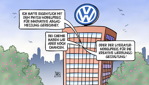 Cartoon: VW-Nobelpreis (medium) by Harm Bengen tagged physik,nobelpreis,abgasmessung,vw,skandal,chemie,chancen,automobilindustrie,literaturnobelpreis,werbung,harm,bengen,cartoon,karikatur,physik,nobelpreis,abgasmessung,vw,skandal,chemie,chancen,automobilindustrie,literaturnobelpreis,werbung,harm,bengen,cartoon,karikatur