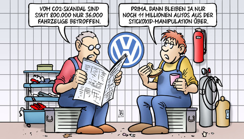 Cartoon: VW-Zahlen (medium) by Harm Bengen tagged skandal,co2,fahrzeuge,betrug,abgasmessung,auto,stickoxid,manipulation,werkstatt,zahlen,harm,bengen,cartoon,karikatur,skandal,co2,fahrzeuge,betrug,abgasmessung,auto,stickoxid,manipulation,werkstatt,zahlen,harm,bengen,cartoon,karikatur