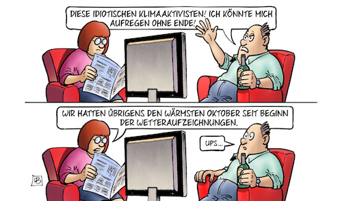 Cartoon: Wärmster Oktober (medium) by Harm Bengen tagged klimaaktivisten,letzte,generation,aufregen,tv,wärmster,oktober,wetteraufzeichnungen,klimawandel,harm,bengen,cartoon,karikatur,klimaaktivisten,letzte,generation,aufregen,tv,wärmster,oktober,wetteraufzeichnungen,klimawandel,harm,bengen,cartoon,karikatur