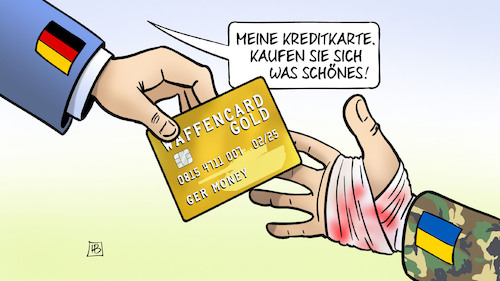 Cartoon: Waffen-Goldkarte (medium) by Harm Bengen tagged waffen,goldkarte,kreditkarte,kaufen,deutschland,russland,ukraine,krieg,harm,bengen,cartoon,karikatur,waffen,goldkarte,kreditkarte,kaufen,deutschland,russland,ukraine,krieg,harm,bengen,cartoon,karikatur