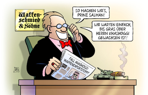 Cartoon: Waffenexportstopp (medium) by Harm Bengen tagged kronprinz,salman,gras,gewachsen,fall,waffenexportstopp,kunde,waffenhandel,tod,tot,istanbul,konsulat,botschaft,türkei,saudi,arabien,khashoggi,mord,harm,bengen,cartoon,karikatur,kronprinz,salman,gras,gewachsen,fall,waffenexportstopp,kunde,waffenhandel,tod,tot,istanbul,konsulat,botschaft,türkei,saudi,arabien,khashoggi,mord,harm,bengen,cartoon,karikatur