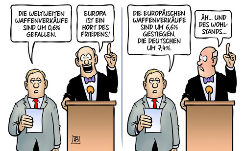 Cartoon: Waffenverkäufe (medium) by Harm Bengen tagged waffenverkäufe,waffenexporte,gefallen,europa,frieden,krieg,gestiegen,sipri,wohlstand,profit,rüstungsproduktion,harm,bengen,cartoon,karikatur,waffenverkäufe,waffenexporte,gefallen,europa,frieden,krieg,gestiegen,sipri,wohlstand,profit,rüstungsproduktion,harm,bengen,cartoon,karikatur