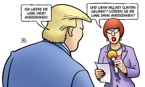 Cartoon: Wahlanerkennung (medium) by Harm Bengen tagged karikatur,cartoon,bengen,harm,interview,demokratie,duell,tv,trump,donald,usa,präsidentschaftswahl,wahlkampf,clinton,hillary,wahlanerkennung,wahlanerkennung,hillary,clinton,wahlkampf,präsidentschaftswahl,usa,donald,trump,tv,duell,demokratie,interview,harm,bengen,cartoon,karikatur