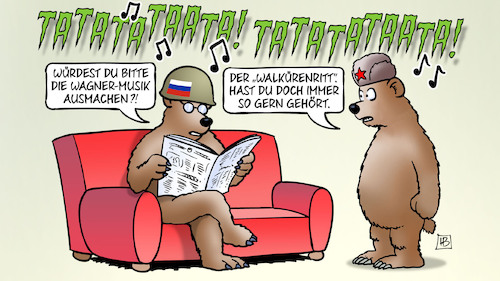 Cartoon: Walkürenritt (medium) by Harm Bengen tagged putin,prigoschin,gruppe,wagner,söldnerarmee,putschversuch,musik,sofa,zeitung,lesen,bären,walkürenritt,russland,ukraine,krieg,harm,bengen,cartoon,karikatur,putin,prigoschin,gruppe,wagner,söldnerarmee,putschversuch,musik,sofa,zeitung,lesen,bären,walkürenritt,russland,ukraine,krieg,harm,bengen,cartoon,karikatur