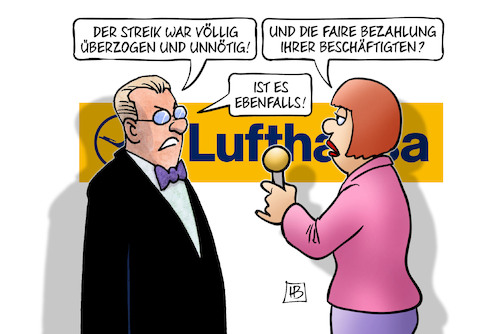 Cartoon: Warnstreik Lufthansa (medium) by Harm Bengen tagged streik,warnstreik,lufthansa,verdi,tarifrunde,überzogen,unnötig,faire,bezahlung,interview,harm,bengen,cartoon,karikatur,streik,warnstreik,lufthansa,verdi,tarifrunde,überzogen,unnötig,faire,bezahlung,interview,harm,bengen,cartoon,karikatur