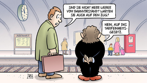 Cartoon: Warten (medium) by Harm Bengen tagged weber,bahnvorstand,bahnhof,zug,tarifeinheitsgesetz,bundesregierung,streikrecht,grundrecht,gdl,gewerkschaften,lokomotivfuehrer,lokfuehrer,streiken,streik,arbeitskampf,tarifauseinandersetzung,tarifkampf,gewerkschaft,harm,bengen,cartoon,karikatur,weber,bahnvorstand,bahnhof,zug,tarifeinheitsgesetz,bundesregierung,streikrecht,grundrecht,gdl,gewerkschaften,lokomotivfuehrer,lokfuehrer,streiken,streik,arbeitskampf,tarifauseinandersetzung,tarifkampf,gewerkschaft,harm,bengen,cartoon,karikatur