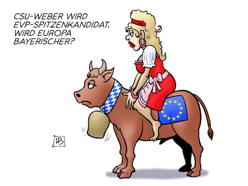 Cartoon: Weber und EVP (medium) by Harm Bengen tagged csu,weber,evp,konservative,spitzenkandidat,europa,wahl,bayerischer,bayern,dirndl,stier,harm,bengen,cartoon,karikatur,csu,weber,evp,konservative,spitzenkandidat,europa,wahl,bayerischer,bayern,dirndl,stier,harm,bengen,cartoon,karikatur