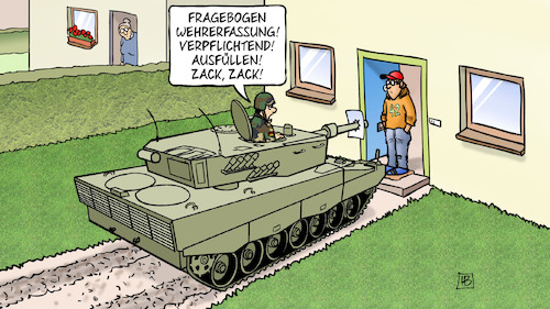 Cartoon: Wehrerfassung-Fragebogen (medium) by Harm Bengen tagged fragebogen,wehrerfassung,verpflichtend,ausfüllen,panzer,haustür,jugendlicher,bundeswehr,wehrdienst,musterung,harm,bengen,cartoon,karikatur,fragebogen,wehrerfassung,verpflichtend,ausfüllen,panzer,haustür,jugendlicher,bundeswehr,wehrdienst,musterung,harm,bengen,cartoon,karikatur