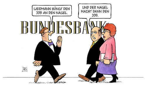 Cartoon: Weidmann-Nagel (medium) by Harm Bengen tagged weidmann,job,nagel,präsident,bundesbank,harm,bengen,cartoon,karikatur,weidmann,job,nagel,präsident,bundesbank,harm,bengen,cartoon,karikatur