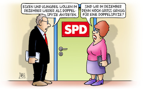 Cartoon: Weiter Doppelspitze (medium) by Harm Bengen tagged esken,klingbeil,spd,parteitag,dezember,doppelspitze,harm,bengen,cartoon,karikatur,esken,klingbeil,spd,parteitag,dezember,doppelspitze,harm,bengen,cartoon,karikatur