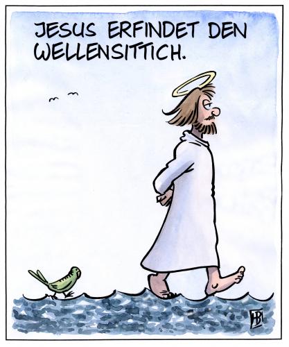 Cartoon: Wellensittich (medium) by Harm Bengen tagged jesus,wellensittich,wellen,wasser,laufen,vogel,haustier,wunder,heilig,kirche,messias,see,genezareth