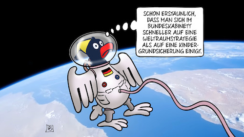 Cartoon: Weltraumstrategie (medium) by Harm Bengen tagged adler,bundesadler,bundeskabinett,weltraumstrategie,kindergrundsicherung,raumanzug,ampel,harm,bengen,cartoon,karikatur,adler,bundesadler,bundeskabinett,weltraumstrategie,kindergrundsicherung,raumanzug,ampel,harm,bengen,cartoon,karikatur