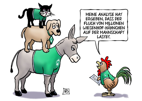 Cartoon: Werder-Fluch (medium) by Harm Bengen tagged analyse,fluch,wiesenhof,hähnchen,mannschaft,werder,bundesliga,fussball,bremen,bremer,stadtmusikanten,harm,bengen,cartoon,karikatur,analyse,fluch,wiesenhof,hähnchen,mannschaft,werder,bundesliga,fussball,bremen,bremer,stadtmusikanten,harm,bengen,cartoon,karikatur