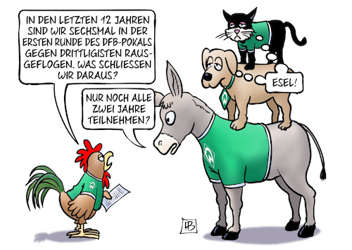 Cartoon: Werder-Pokalaus (medium) by Harm Bengen tagged werder,bremen,fussball,pokalaus,dfb,pokal,rausgeflogen,ausscheiden,bremer,stadtmusikanten,esel,harm,bengen,cartoon,karikatur,werder,bremen,fussball,pokalaus,dfb,pokal,rausgeflogen,ausscheiden,bremer,stadtmusikanten,esel,harm,bengen,cartoon,karikatur