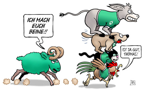 Cartoon: Werder unter Schaaf (medium) by Harm Bengen tagged werder,bremen,thomas,schaaf,schaf,beine,fussball,bundesliga,klassenerhalt,trainerwechsel,endspurt,bremer,stadtmusikanten,harm,bengen,cartoon,karikatur,werder,bremen,thomas,schaaf,schaf,beine,fussball,bundesliga,klassenerhalt,trainerwechsel,endspurt,bremer,stadtmusikanten,harm,bengen,cartoon,karikatur