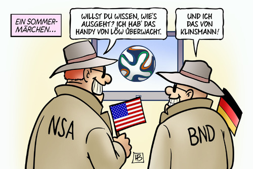 Cartoon: WM USA vs. Deutschland (medium) by Harm Bengen tagged sommermärchen,handy,löw,klinsmann,trainer,fussball,wm,deutschland,usa,bnd,nsa,harm,bengen,cartoon,karikatur,sommermärchen,handy,löw,klinsmann,trainer,fussball,wm,deutschland,usa,bnd,nsa,harm,bengen,cartoon,karikatur