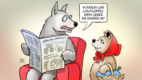 Cartoon: Wolfsgipfel (medium) by Harm Bengen tagged berlin,wolfsgipfel,landwirte,bauern,vieh,abschuss,knarre,wölfe,rotkäppchen,harm,bengen,cartoon,karikatur,berlin,wolfsgipfel,landwirte,bauern,vieh,abschuss,knarre,wölfe,rotkäppchen,harm,bengen,cartoon,karikatur