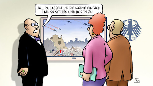 Cartoon: Worte stehen lassen (medium) by Harm Bengen tagged worte,stehen,lassen,zuhören,monitor,bundestag,baerbock,russland,ukraine,krieg,angriff,harm,bengen,cartoon,karikatur,worte,stehen,lassen,zuhören,monitor,bundestag,baerbock,russland,ukraine,krieg,angriff,harm,bengen,cartoon,karikatur