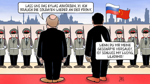 Cartoon: Xi bei Putin (medium) by Harm Bengen tagged soldaten,front,xi,china,putin,staatsbesuch,staatsempfang,geschäfte,wirtschaft,krieg,ukraine,russland,harm,bengen,cartoon,karikatur,soldaten,front,xi,china,putin,staatsbesuch,staatsempfang,geschäfte,wirtschaft,krieg,ukraine,russland,harm,bengen,cartoon,karikatur