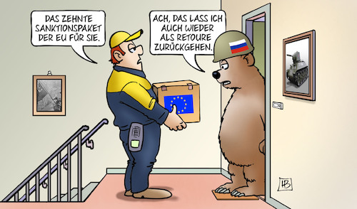 Cartoon: Zehntes Sanktionspaket (medium) by Harm Bengen tagged zehntes,sanktionspaket,eu,retouren,postbote,paketbote,lieferung,bär,krieg,ukraine,russland,harm,bengen,cartoon,karikatur,zehntes,sanktionspaket,eu,retouren,postbote,paketbote,lieferung,bär,krieg,ukraine,russland,harm,bengen,cartoon,karikatur