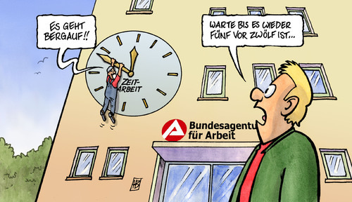 Cartoon: Zeitarbeit (medium) by Harm Bengen tagged zeitarbeit,zeit,arbeit,bundesagentur,arbeitsamt,statistik,aufschwung,leiharbeiter,uhr,zeitarbeit,zeit,arbeit,bundesagentur,arbeitsamt,statistik,aufschwung,leiharbeiter,uhr,job,beruf,amt