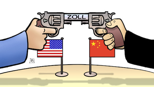 Cartoon: Zoll-Krieg (medium) by Harm Bengen tagged zoll,handelskrieg,usa,china,strafzölle,revolver,pistole,harm,bengen,cartoon,karikatur,zoll,handelskrieg,usa,china,strafzölle,revolver,pistole,harm,bengen,cartoon,karikatur