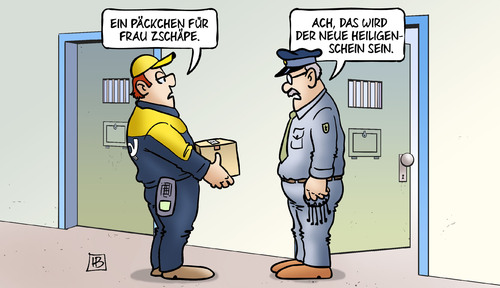 Cartoon: Zschäpe-Päckchen (medium) by Harm Bengen tagged päckchen,postbote,knast,gefängnis,aussage,zschäpe,nsu,gericht,prozess,nazis,mörder,mord,heiligenschein,harm,bengen,cartoon,karikatur,päckchen,postbote,knast,gefängnis,aussage,zschäpe,nsu,gericht,prozess,nazis,mörder,mord,heiligenschein,harm,bengen,cartoon,karikatur