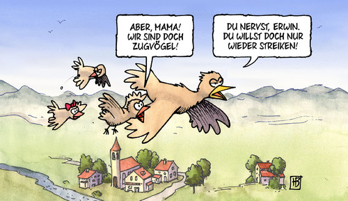 Cartoon: Zugvögel (medium) by Harm Bengen tagged zugvögel,gdl,streik,lokfuehrer,bahn,db,auto,fahren,arbeitskampf,harm,bengen,cartoon,karikatur,zugvögel,gdl,streik,lokfuehrer,bahn,db,auto,fahren,arbeitskampf,harm,bengen,cartoon,karikatur