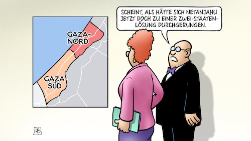 Cartoon: Zwei-Staaten-Lösung (medium) by Harm Bengen tagged netanjahu,israel,gaza,krieg,palästina,zwei,staaten,lösung,nord,süd,harm,bengen,cartoon,karikatur,netanjahu,israel,gaza,krieg,palästina,zwei,staaten,lösung,nord,süd,harm,bengen,cartoon,karikatur