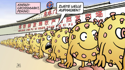 Cartoon: Zweite Welle (medium) by Harm Bengen tagged zweite,welle,aufmachen,xinfadi,grossmarkt,peking,corona,covid19,virus,pandemie,harm,bengen,cartoon,karikatur,zweite,welle,aufmachen,xinfadi,grossmarkt,peking,corona,covid19,virus,pandemie,harm,bengen,cartoon,karikatur