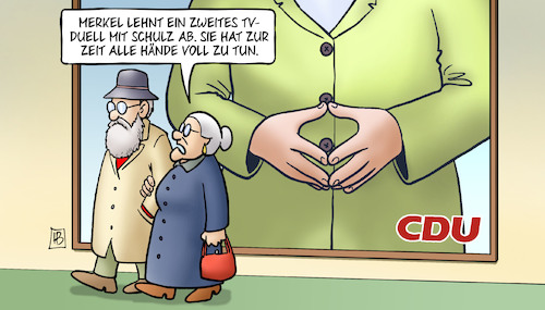 Cartoon: Zweites TV-Duell (medium) by Harm Bengen tagged merkel,lehnt,zweites,tv,duell,schulz,ab,hände,voll,raute,susemil,bundestagswahl,harm,bengen,cartoon,karikatur,merkel,lehnt,zweites,tv,duell,schulz,ab,hände,voll,raute,susemil,bundestagswahl,harm,bengen,cartoon,karikatur