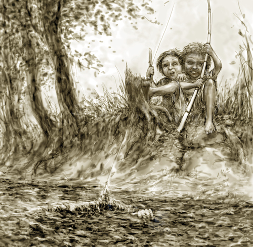Cartoon: a body in the creek (medium) by nootoon tagged boys,angeln,nootoon,germany,illustration,creek,body,illustrator,book,adventure