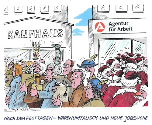 Cartoon: Alle Jahre wieder lange Schlange (medium) by mandzel tagged weihnachten,jobsuche,warenumtausch,weihnachtsmänner,arbeitsagentur,weihnachten,jobsuche,warenumtausch,weihnachtsmänner,arbeitsagentur