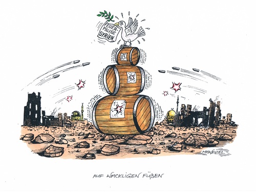 Cartoon: Auf wackligen Füßen (medium) by mandzel tagged syrien,feuerpause,pulverfässer,syrien,feuerpause,pulverfässer