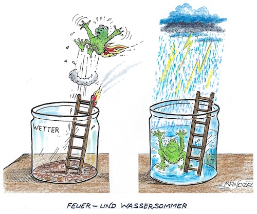 Cartoon: Da staunt der Wetterfrosch (medium) by mandzel tagged wetterfrosch,starkregen,temperaturrekorde,wetterfrosch,starkregen,temperaturrekorde