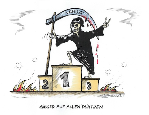 Cartoon: Der Tod auf den ersten Plätzen (medium) by mandzel tagged olympiade,nahost,freude,leid,siege,tod,olympiade,nahost,freude,leid,siege,tod