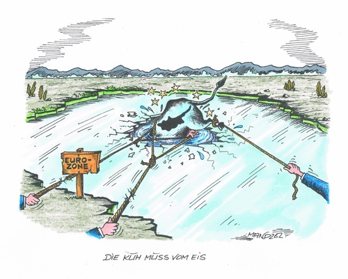 Cartoon: Die Kuh muss vom Eis (medium) by mandzel tagged zypern,eurozone,einbruch,eisfläche,zypern,eurozone,einbruch,eisfläche