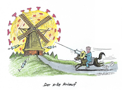 Cartoon: Donquichotterie (medium) by mandzel tagged corona,regeln,impfungen,verordnungen,pandemie,politik,mandzel,karikatur,impfstoffe,windmühlen,omikron,corona,regeln,impfungen,verordnungen,pandemie,politik,mandzel,karikatur,impfstoffe,windmühlen,omikron