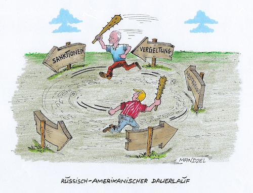 Cartoon: Endlosrunden (medium) by mandzel tagged trump,putin,usa,russland,sanktionen,trump,putin,usa,russland,sanktionen