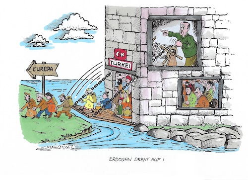 Cartoon: Erdogan dreht am Rad (medium) by mandzel tagged erdogan,flüchtlinge,türkei,europa,krieg,syrien,idlib,erdogan,flüchtlinge,türkei,europa,krieg,syrien,idlib