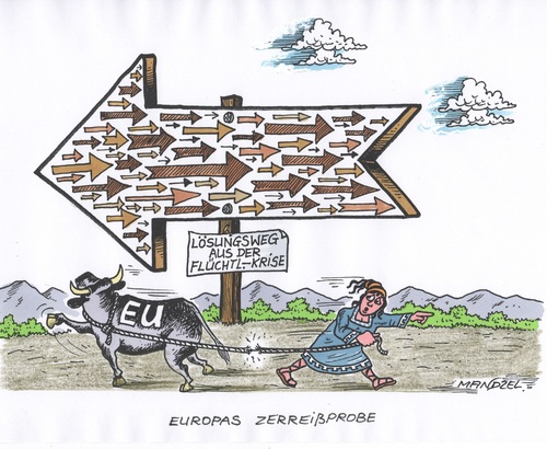 Cartoon: EU am Scheidepunkt (medium) by mandzel tagged flüchtlingskrise,zerreißprobe,lösungsweg,eu,uneinigkeit,flüchtlingskrise,zerreißprobe,lösungsweg,eu,uneinigkeit