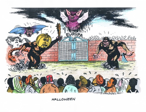 Cartoon: Europa feiert Halloween (medium) by mandzel tagged halloween,flüchtlinge,abwehr,europa,zustromminderung,asyl,abschreckung,halloween,flüchtlinge,abwehr,europa,zustromminderung,asyl,abschreckung