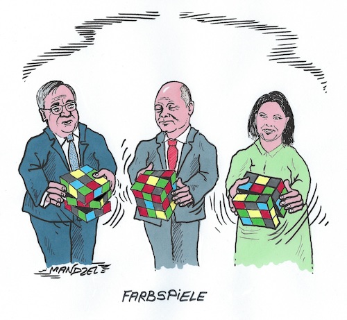 Cartoon: Farbkompositionen (medium) by mandzel tagged wahlen,scholz,laschet,baerbock,zauberwürfel,deutschland,regierung,wahlen,scholz,laschet,baerbock,zauberwürfel,deutschland,regierung