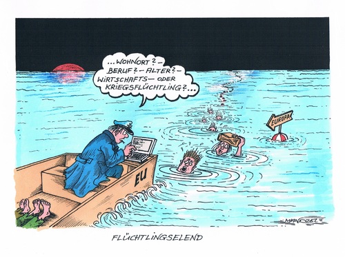 Cartoon: Flüchtlinge (medium) by mandzel tagged flüchtlinge,europa,wasser,bürokratie,flüchtlinge,europa,wasser,bürokratie